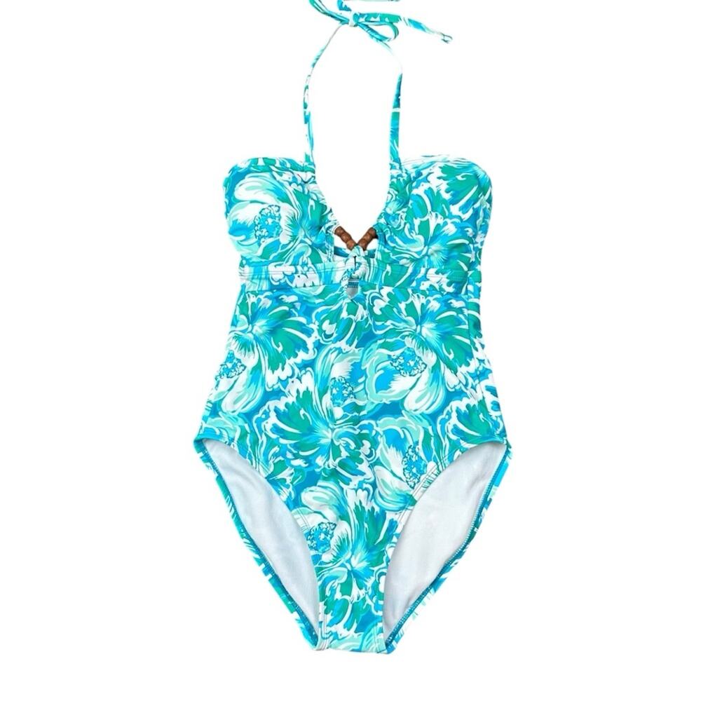 Time And Tru Floral One Piece Swimsuit in Blue and White Size Small 4-6 NWT